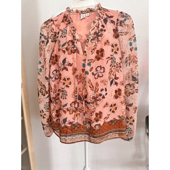 NWOT. Joie Peach Floral Fairy Sheer Women Chiffon Ruffle Top Tie Blouse.V-neck.S - Picture 1 of 7